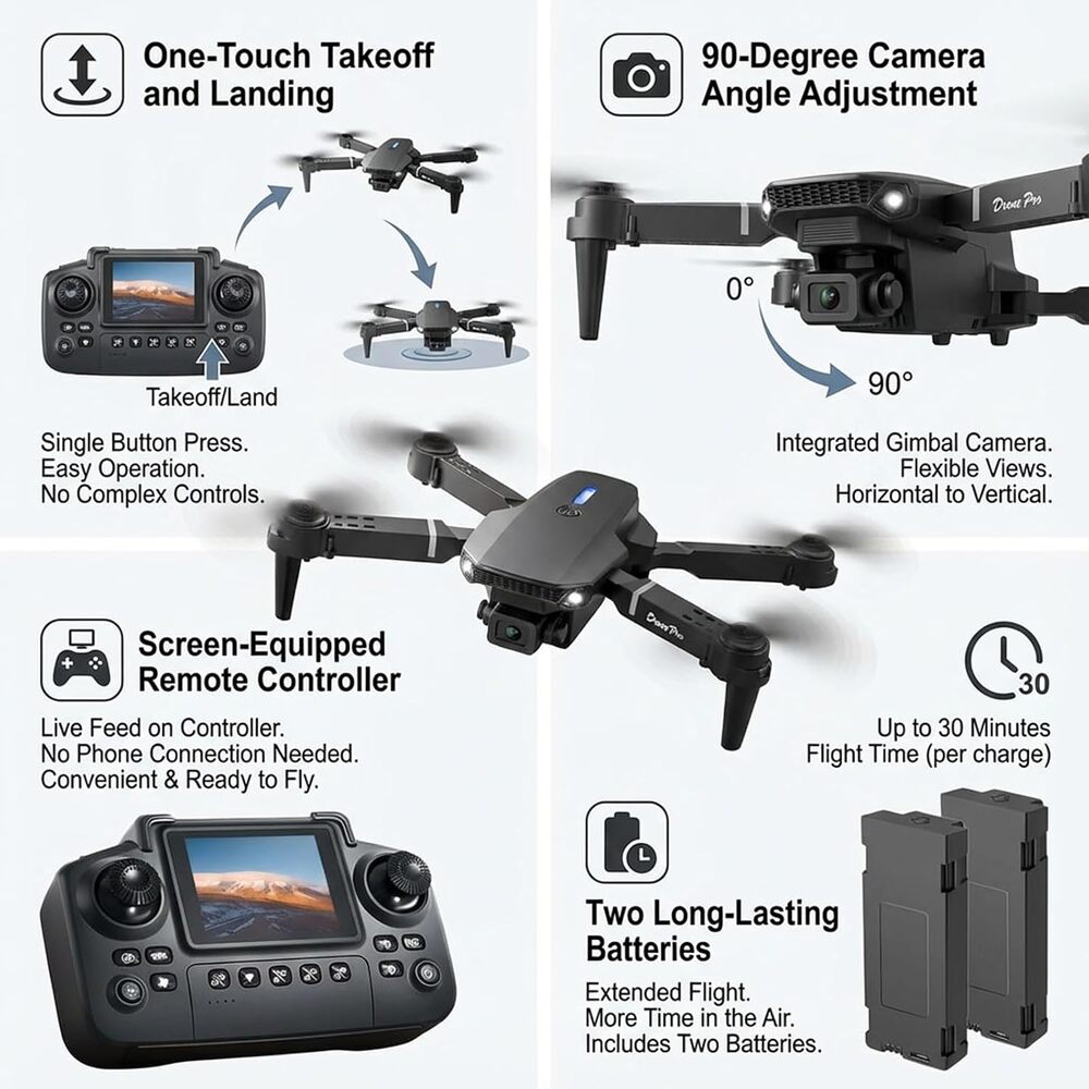 E88max Drone with Screen Controller for Beginners, Foldable Mini Drone.